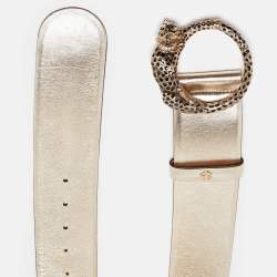 Pre Owned Roberto Cavalli Gold Leather Panther Round Buckle Belt 90CM