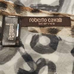 Pre Owned Roberto Cavalli Brown Logo and Leopard Print Silk Stole 