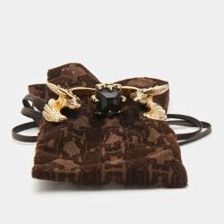 Pre Owned Roberto Cavalli 2 FInger Resinl Gold Tone Ring Size 56