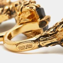 Pre Owned Roberto Cavalli 2 FInger Resinl Gold Tone Ring Size 56
