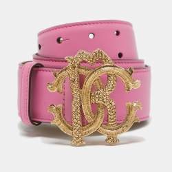 Pre Owned Roberto Cavalli Pink Leather RC Logo Buckle Belt 100CM