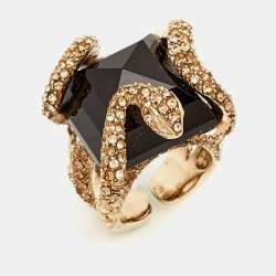 Pre Owned Roberto Cavalli  Crystals Gold Tone Ring Size 54