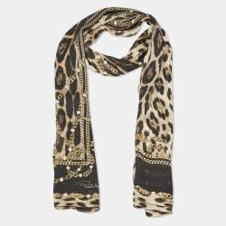 Roberto Cavalli Brown Chain/Leopard Print Silk Scarf