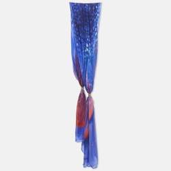 Roberto Cavalli Blue Printed Ring Embellished Silk Scarf 