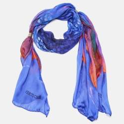 Roberto Cavalli Blue Printed Ring Embellished Silk Scarf 