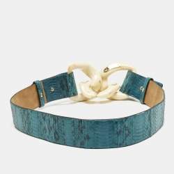 Roberto Cavalli Blue Watersnake Leather Chain Detail Waist Belt 90CM