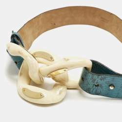 Roberto Cavalli Blue Watersnake Leather Chain Detail Waist Belt 90CM