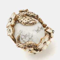 Pre Owned Roberto Cavalli Enamel Crystal Gold Tone Serpenti Ring Size 52