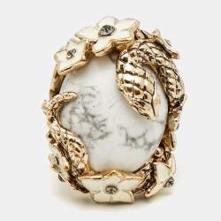 Pre Owned Roberto Cavalli Enamel Crystal Gold Tone Serpenti Ring Size 52