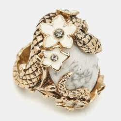 Pre Owned Roberto Cavalli Enamel Crystal Gold Tone Serpenti Ring Size 52