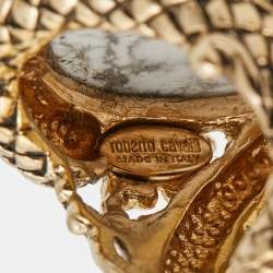 Pre Owned Roberto Cavalli Enamel Crystal Gold Tone Serpenti Ring Size 52