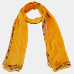 Pre Owned Roberto Cavalli Yellow Logo Print Silk Scarf 
