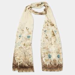 Pre Owned Roberto Cavalli Cream Floral and Snake Print Silk Stole