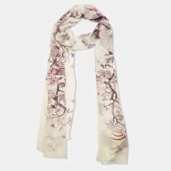 Pre Owned Roberto Cavalli Off-White Floral and Bird Print Silk Stole
