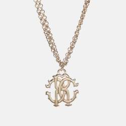 Pre Owned Roberto Cavalli Gold Tone Metal Logo Charm Bracelet 