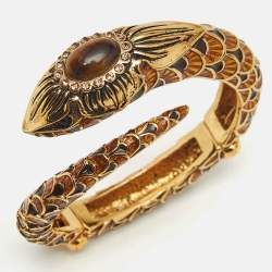 Pre Owned Roberto Cavalli Serpent Head Enamel Gold Tone Detailed Open Cuff Bracelet