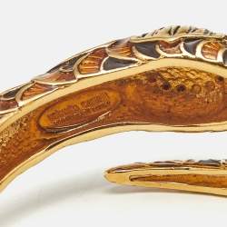 Pre Owned Roberto Cavalli Serpent Head Enamel Gold Tone Detailed Open Cuff Bracelet