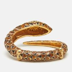 Pre Owned Roberto Cavalli Serpent Head Enamel Gold Tone Detailed Open Cuff Bracelet