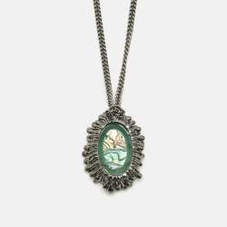 مملوكة مسبقًا Roberto Cavalli Green Crystal Gunmetal Tone Pendant Necklace 
