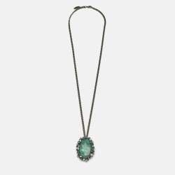 مملوكة مسبقًا Roberto Cavalli Green Crystal Gunmetal Tone Pendant Necklace 