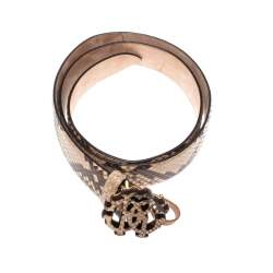 Pre Owned حزام روبرتو كافالي إبزيم شعار جلد ثعبان أسود/ بيج 85 سم