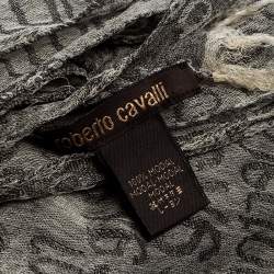 Roberto Cavalli Grey Monogram Pattern Knit Fringe Edge Scarf