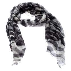 Roberto Cavalli Grey Camouflage Print Cashmere and Silk Scarf 