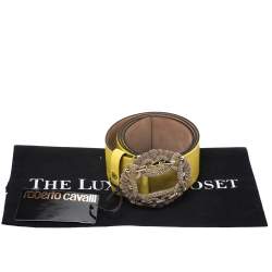Pre Owned Roberto Cavalli Yellow Leather Buckle Embellished Belt 95CM