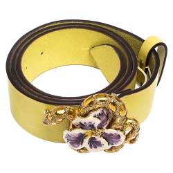 Roberto Cavalli Yellow Leather Flower Snake Buckle Belt 95CM