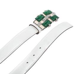 Roberto Cavalli White Patent Leather Crystal Embellished Buckle Belt 95CM