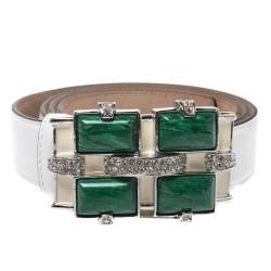 Roberto Cavalli White Patent Leather Crystal Embellished Buckle Belt 95CM