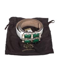 Roberto Cavalli White Patent Leather Crystal Embellished Buckle Belt 95CM
