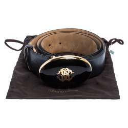 Pre Owned Roberto Cavalli Metallic Grey Leather Resin Buckle Belt 95CM