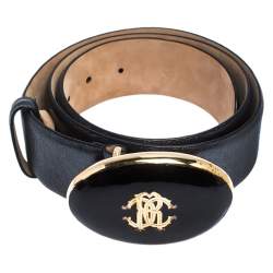 Pre Owned Roberto Cavalli Metallic Grey Leather Resin Buckle Belt 95CM