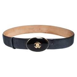 Pre Owned Roberto Cavalli Metallic Grey Leather Resin Buckle Belt 95CM