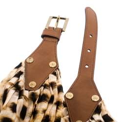 Pre Owned Roberto Cavalli Leopard Print Satin and Leather Waist Belt 95CM