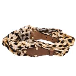 Pre Owned Roberto Cavalli Leopard Print Satin and Leather Waist Belt 95CM