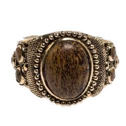 Pre Owned Roberto Cavalli Aged Gold Tone Etched Cabochon Open Cuff Bracelet