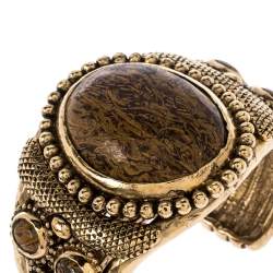 Pre Owned Roberto Cavalli Aged Gold Tone Etched Cabochon Open Cuff Bracelet