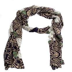 Pre Owned وشاح روبرتو كافالي حرير مورد مطبوع أزرق كحلي