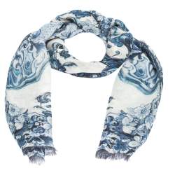 Roberto Cavalli White & Blue Floral Print Linen Giant Scarf