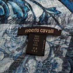 Roberto Cavalli White & Blue Floral Print Linen Giant Scarf