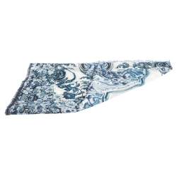 Roberto Cavalli White & Blue Floral Print Linen Giant Scarf