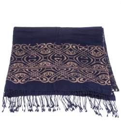 Pre Owned Roberto Cavalli Navy Blue Oriental Foil Print Cashmere Blend Shawl 