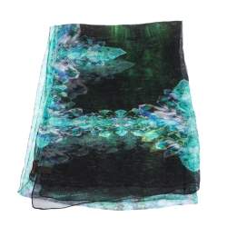 Pre Owned Roberto Cavalli Green Floral Printed Silk Tulle Stole