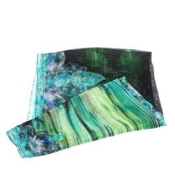 Pre Owned Roberto Cavalli Green Floral Printed Silk Tulle Stole