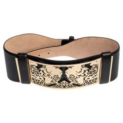 Pre Owned حزام روبرتو كافالي لوحة معدن نقشة النمر جلد أسود 75 سم