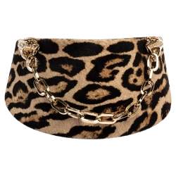Pre Owned Roberto Cavalli Brown Leopard Print Calfhair Snake Head Chain Waist Belt 80CM