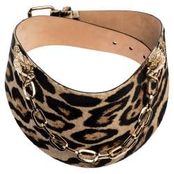 Pre Owned Roberto Cavalli Brown Leopard Print Calfhair Snake Head Chain Waist Belt 80CM