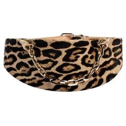Pre Owned Roberto Cavalli Brown Leopard Print Calfhair Snake Head Chain Waist Belt 80CM